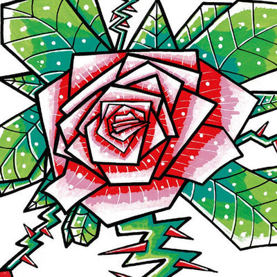 Colorful tattoo style rose with green leaves on a white background