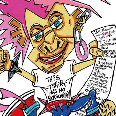 Happy cartoon character with a shirt displaying text, holding a paper sheet with text